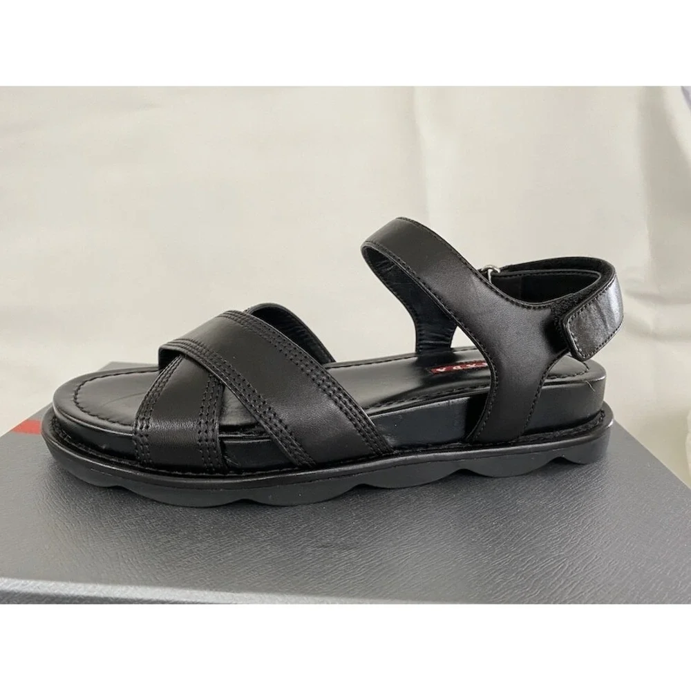 Prada 3X6289‎ Women's BLACK LEATHER STITCHED OPEN TOE FLATS SANDALS, 36.5